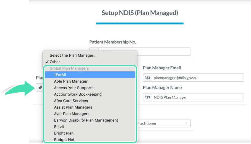 Step 7. Screenshot of list of Global Plan Managers within the NDIS Plan Manager dropdown