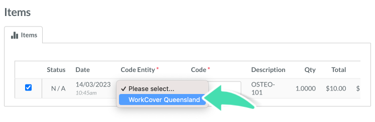 Step 6. Screenshot of Code Entity selection in WorkCover Queensland claiming area