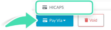 Step 1. Screenshot of Pay Via and HICAPS buttons in Saved invoice