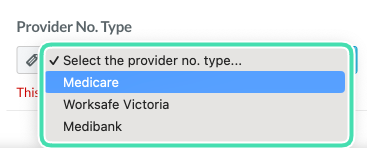 Step 8. Screenshot of Provdider Number Type field within Worksafe Victoria claiming setup
