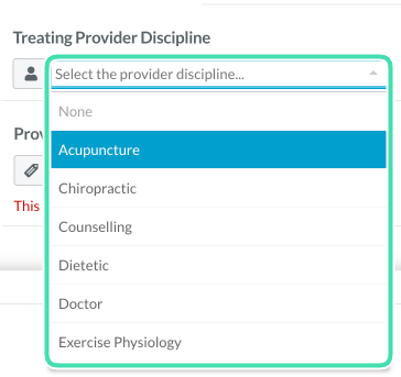 Step 6. Screenshot of Treating Provider Discipline field within Worksafe Victoria claiming setup