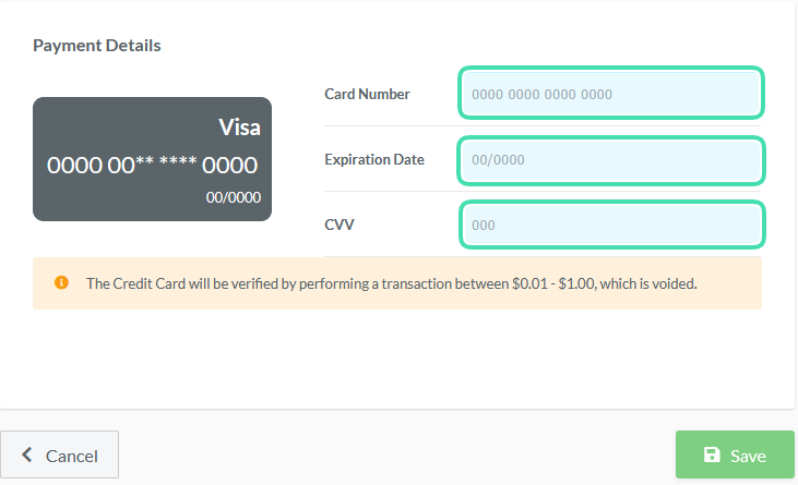 Entering card number, CVV and expiry in Nookal subscription
