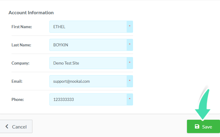 Saving full name, company email and phone on account info screen