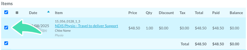 Select item on invoice to refund