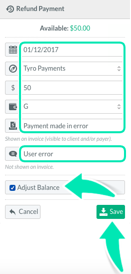 Enter refund amount, adjust balance, and save