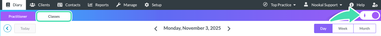 Classes tab displaying all scheduled classes
