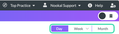 Buttons to switch between day, week, or month diary views