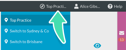 Location picker drop-down to select a different Location in the Diary in Nookal