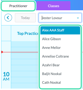 Select a practitioner from the Practitioner tab to view their schedule across locations in Nookal