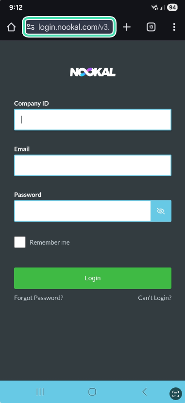 Nookal login page opened in Google Chrome on Android