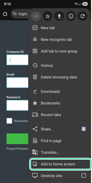 Add to Home Screen option in Chrome on Android