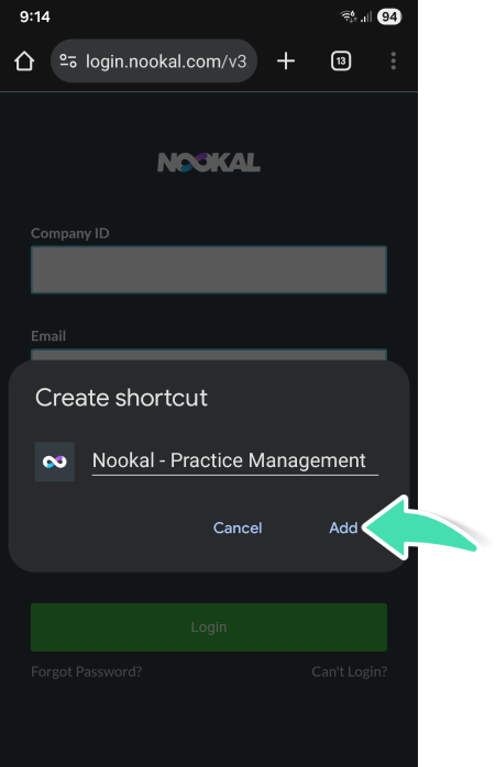 Android prompt to create a Nookal home screen shortcut