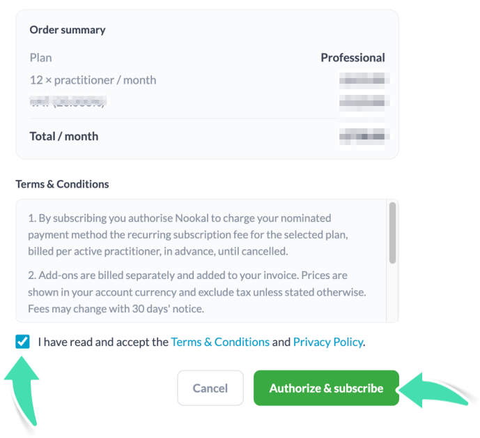 Authorise the change and subscribe