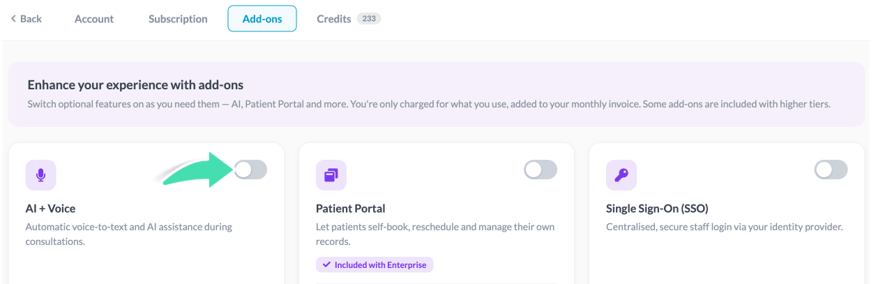 Toggle add-ons to enable