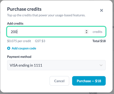 Enter amount of credits and Purchase