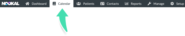 Nookal Calendar menu showing navigation to the main diary view for printing appointment lists