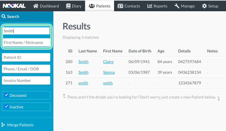 Search patients screen in Nookal with search boxes to find patient by name, phone, DOB, or other fields