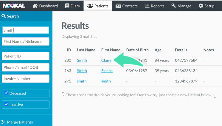 Patient search results list in Nookal showing patient names available to open the patient profile