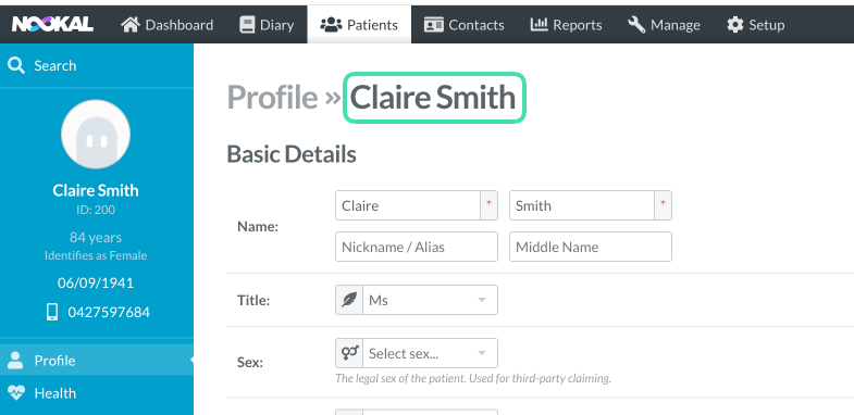 Patient profile page in Nookal showing patient’s personal details section after selecting a patient