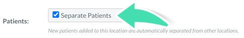 Nookal location settings showing checkbox to separate patients by location