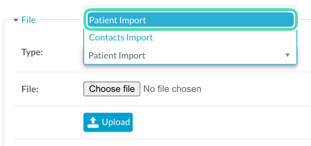 Selection screen for importing patients or contacts data in CSV format