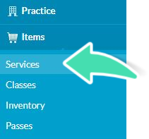 Nookal Practice menu showing where to find Services options