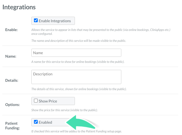 Service setting screen showing Enable Integrations and Enable Patient Funding options