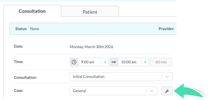 Fresh appointment view to click Spanner icon to Edit Case Details to update payer or other case details