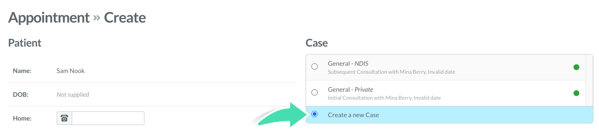 Nookal Classic Create Case view during patient appointment booking showing how to start a new case for a patient