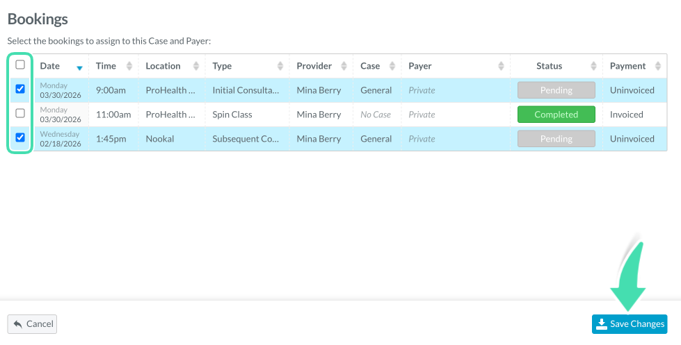 Confirm which bookings to link to case and payer and save