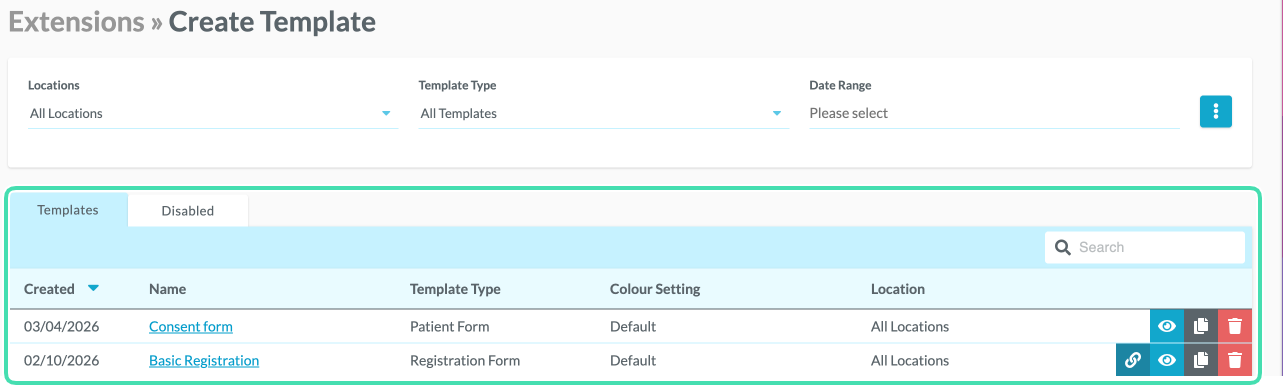 Enabled and disabled templates list in Template Builder