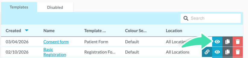Preview template option using eye icon