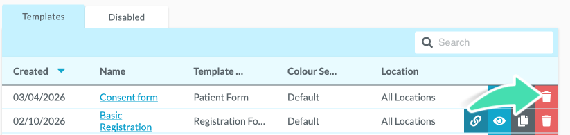 Disable template option using bin icon