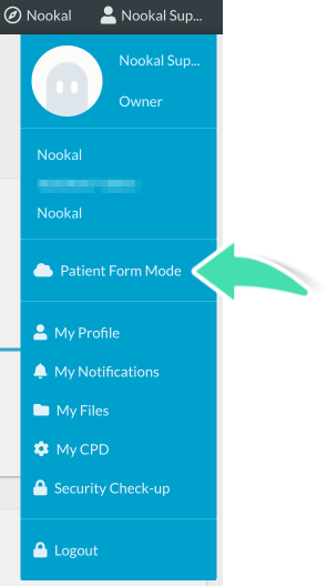 Patient Form Mode option in Nookal account menu