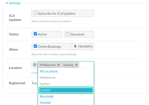 Location dropdown in Nookal patient profile settings for assigning patient access location