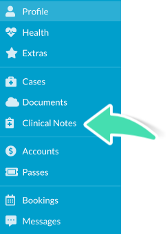 Client profile menu with Clinical Notes selected