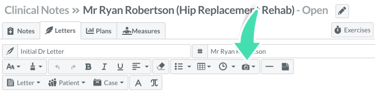 Image insert option selected within letter formatting tools in Nookal