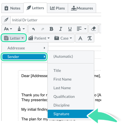 Signature placeholder menu opened under sender options in letter formatting tools