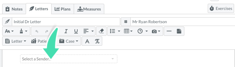 Select a sender dropdown in Nookal letter editor for choosing signing staff member