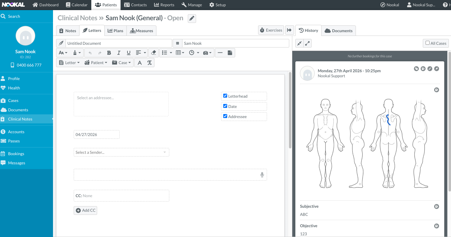 Create letter screen opened from clinical notes section in Nookal