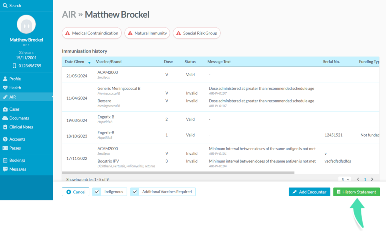 History Statement button in the bottom right of the AIR Details page