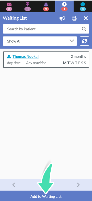 Add to Waiting List button at bottom of Waiting List screen in Nookal