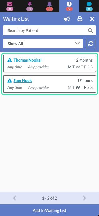 Waiting List showing red counter indicating number of patients waiting