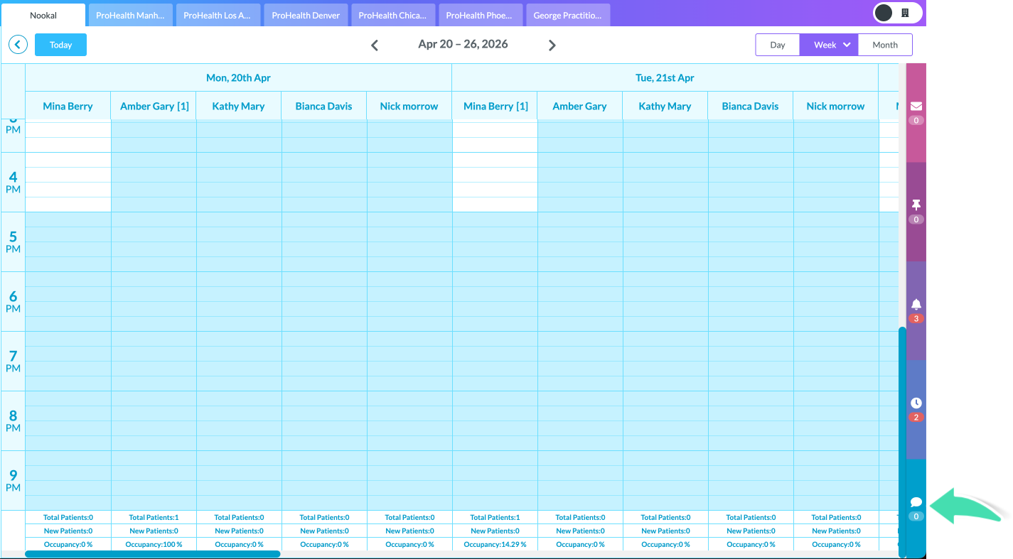 Chat bubble icon in bottom right corner of Nookal calendar screen
