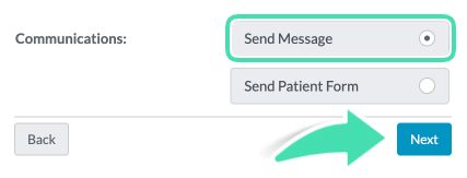 Send Message workflow screen in fresh view appointment window