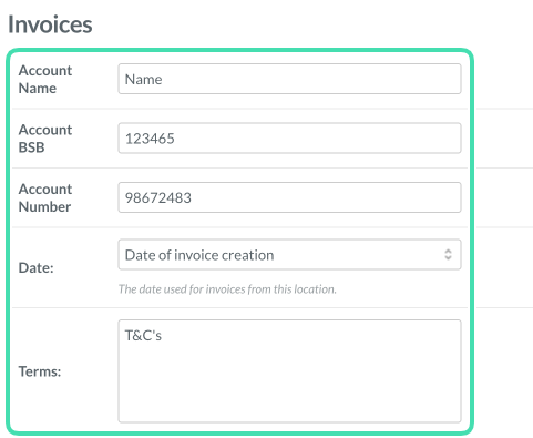 Invoice terms and account details section in location invoice settings