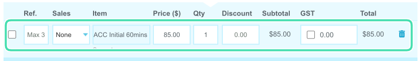 Invoice and item details on the invoice form