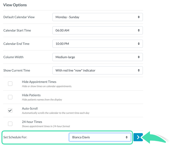 Schedule setup window for selecting practitioner calendar