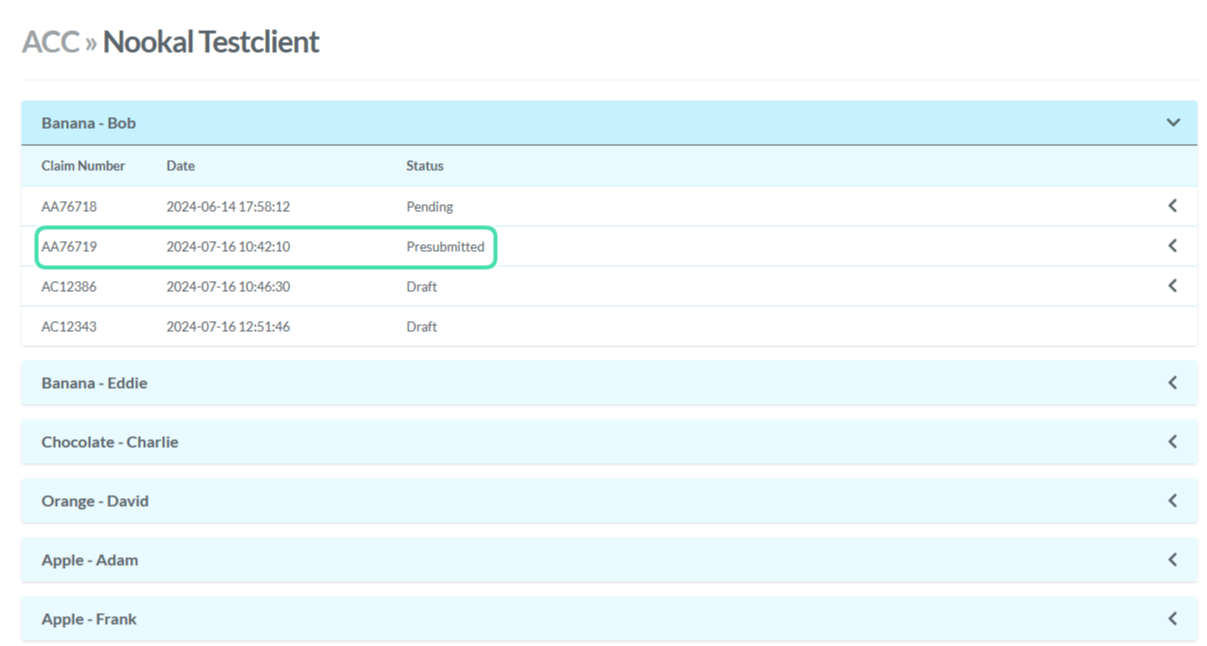 Pre-submitted claim recorded on the patient's ACC History page
