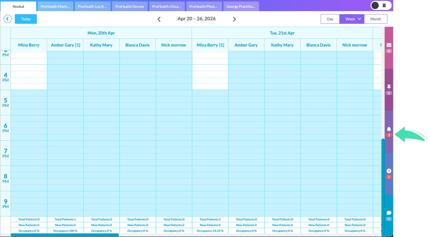 Calendar notification panel showing incoming SMS replies from patients